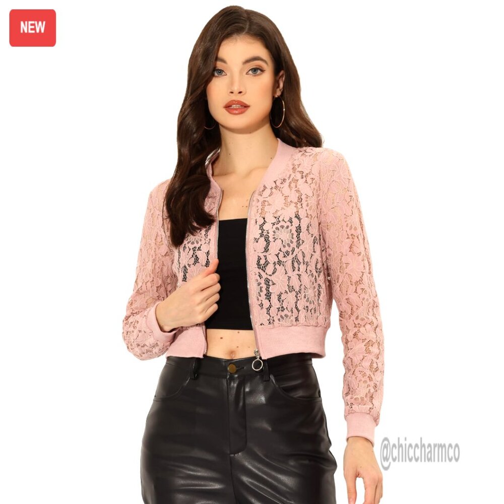 Crop Jacket Stand Collar Zip Up Sheer Lace Lightweight Baseball Style